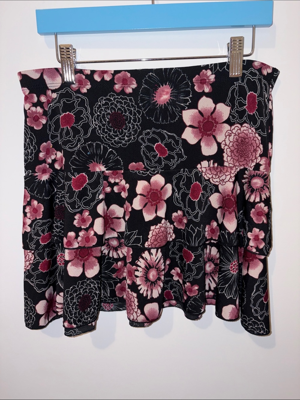 Floral Tiered Black and Pink Mini Skirt